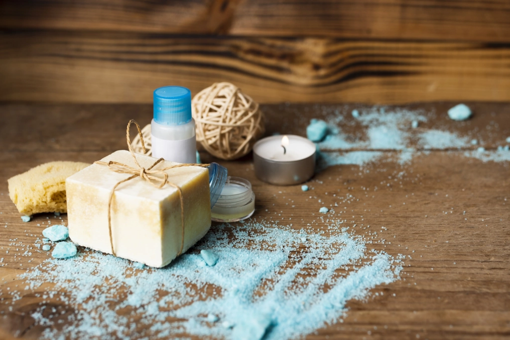 high-angle-hygiene-products-with-wooden-background