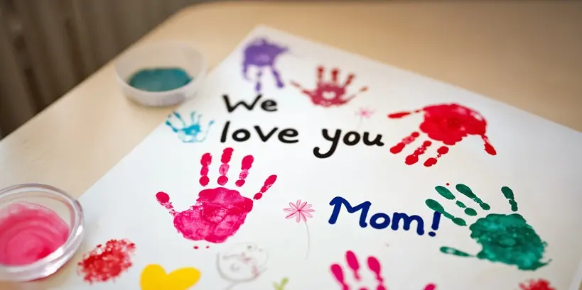 Empreintes de mains colorées d’enfants avec message we love you mom sur feuille