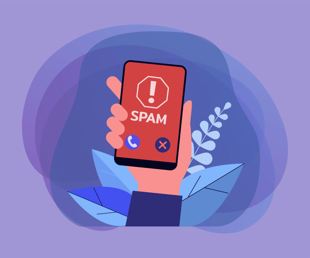 Illustration d’une main tenant un smartphone affichant une alerte SPAM et un bouton de refus d’appel.