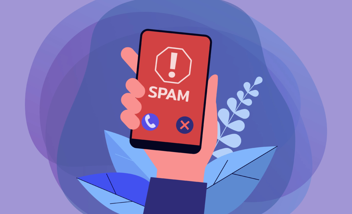 Illustration d’une main tenant un smartphone affichant une alerte SPAM et un bouton de refus d’appel.